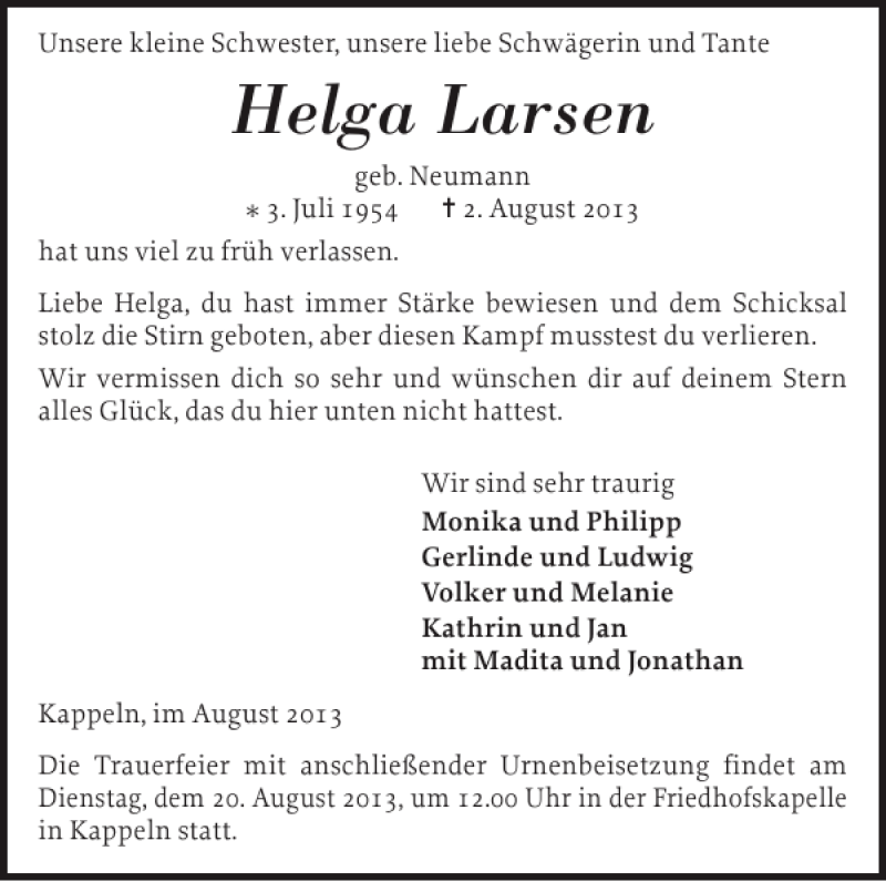  Traueranzeige für Helga Larsen vom 17.08.2013 aus Schlei-Bote