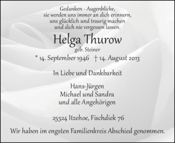 Traueranzeige von Helga Thurow von Norddeutsche Rundschau