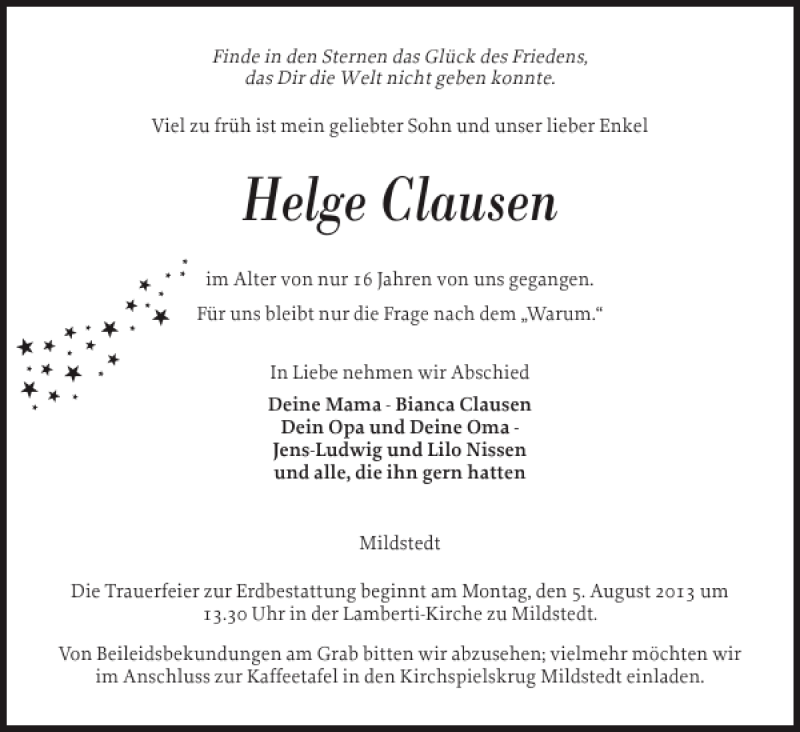  Traueranzeige für Helge Clausen vom 02.08.2013 aus Husumer Nachrichten