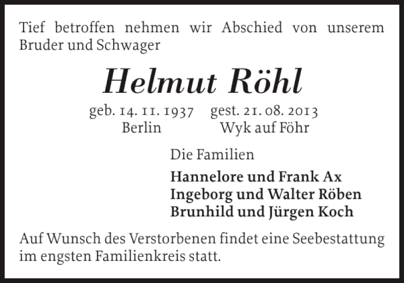  Traueranzeige für Helmut Röhl vom 27.08.2013 aus Der Insel-Bote