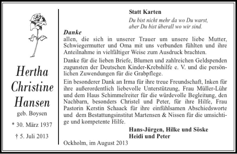  Traueranzeige für Hertha Christine Hansen vom 14.08.2013 aus Husumer Nachrichten