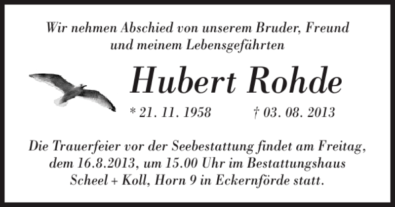  Traueranzeige für Hubert Rohde vom 10.08.2013 aus Eckernförder Zeitung