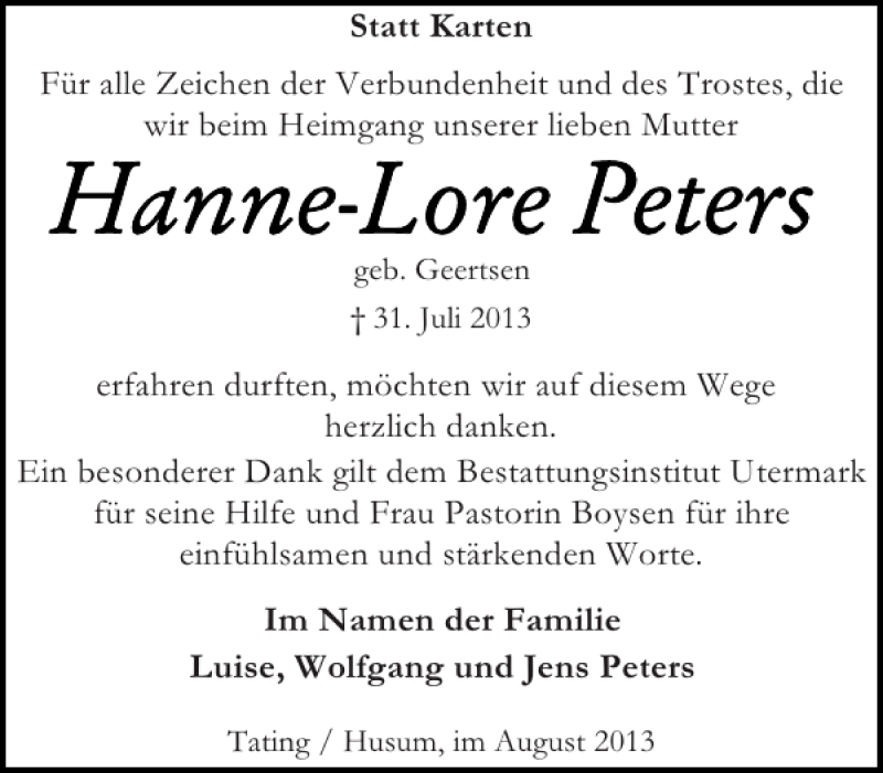  Traueranzeige für Im der Luise Wolfgang und Jens Peters  vom 17.08.2013 aus Husumer Nachrichten