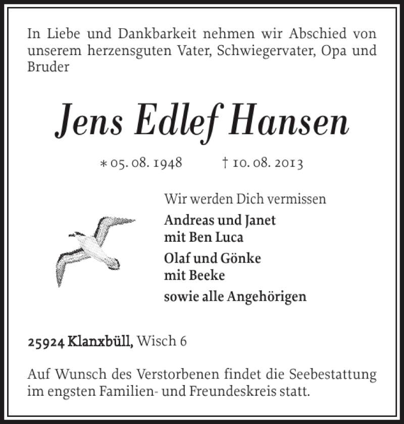  Traueranzeige für Jens Edlef Hansen vom 13.08.2013 aus Nordfriesland Tageblatt