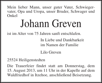 Traueranzeige von Johann Greven von Norddeutsche Rundschau