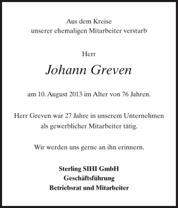 Traueranzeige von Johann Greven von Norddeutsche Rundschau
