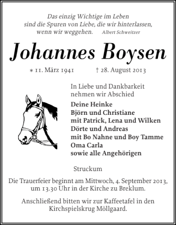 Traueranzeige von Johannes Boysen von Husumer Nachrichten