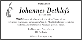 Traueranzeige von Johannes Dethlefs von Husumer Nachrichten