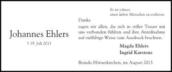 Traueranzeige von Johannes Ehlers von Elmshorner Nachrichten