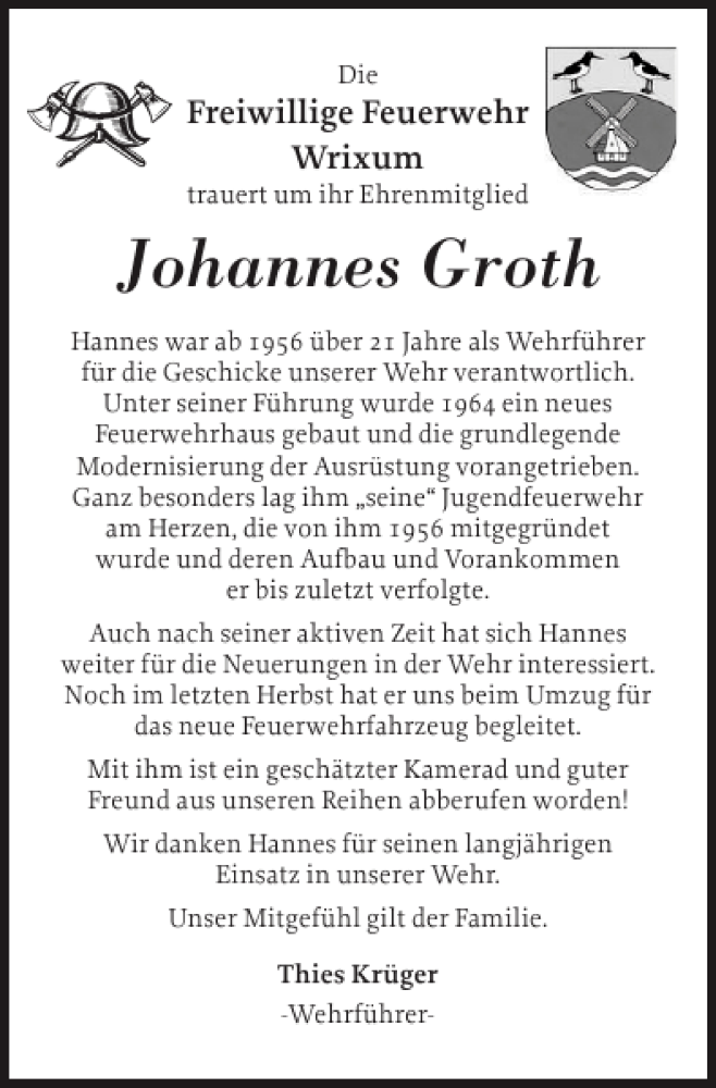  Traueranzeige für Johannes Groth vom 17.08.2013 aus Der Insel-Bote