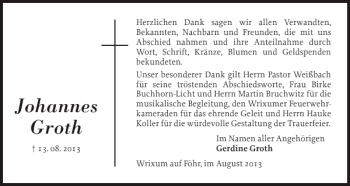 Traueranzeige von Johannes Groth von Der Insel-Bote