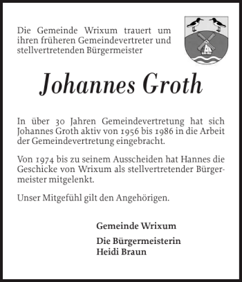 Traueranzeige von Johannes Groth von Der Insel-Bote