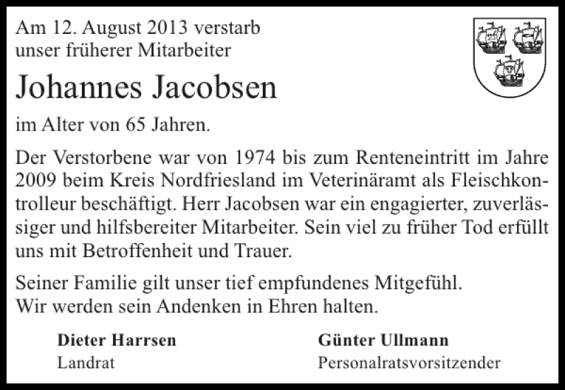  Traueranzeige für Johannes Jacobsen vom 15.08.2013 aus Husumer Nachrichten
