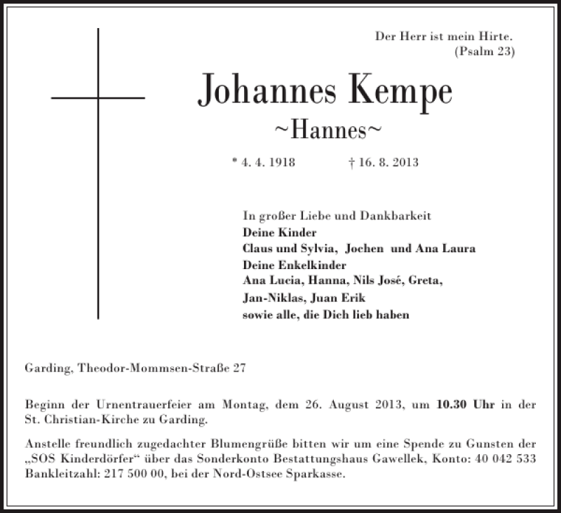  Traueranzeige für Johannes Kempe vom 21.08.2013 aus Husumer Nachrichten