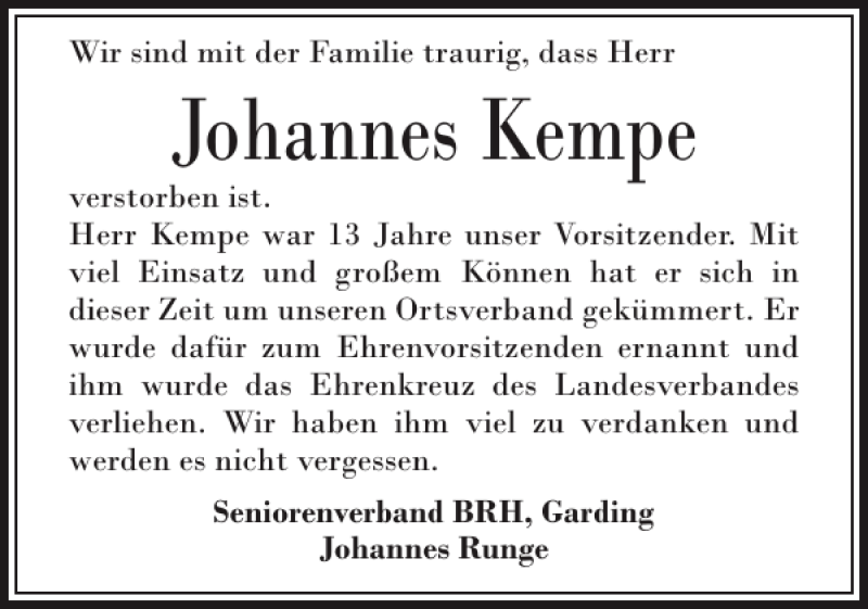  Traueranzeige für Johannes Kempe vom 24.08.2013 aus Husumer Nachrichten