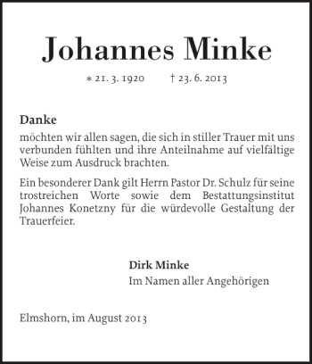Traueranzeige von Johannes Minke von Elmshorner Nachrichten