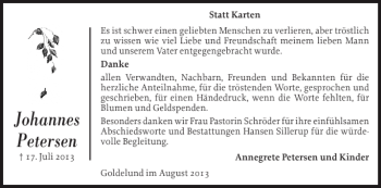 Traueranzeige von Johannes Petersen von Husumer Nachrichten