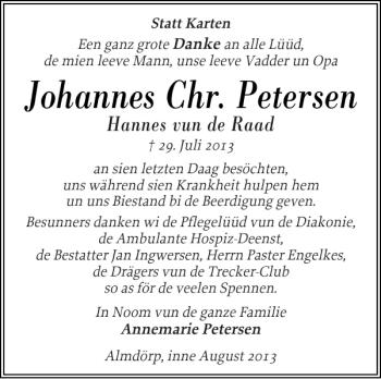 Traueranzeige von Johannes Chr. Petersen von Husumer Nachrichten