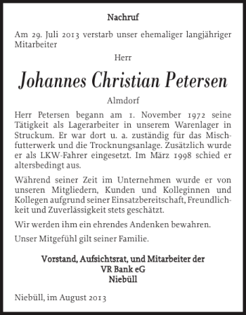 Traueranzeige von Johannes Christian Petersen von Husumer Nachrichten