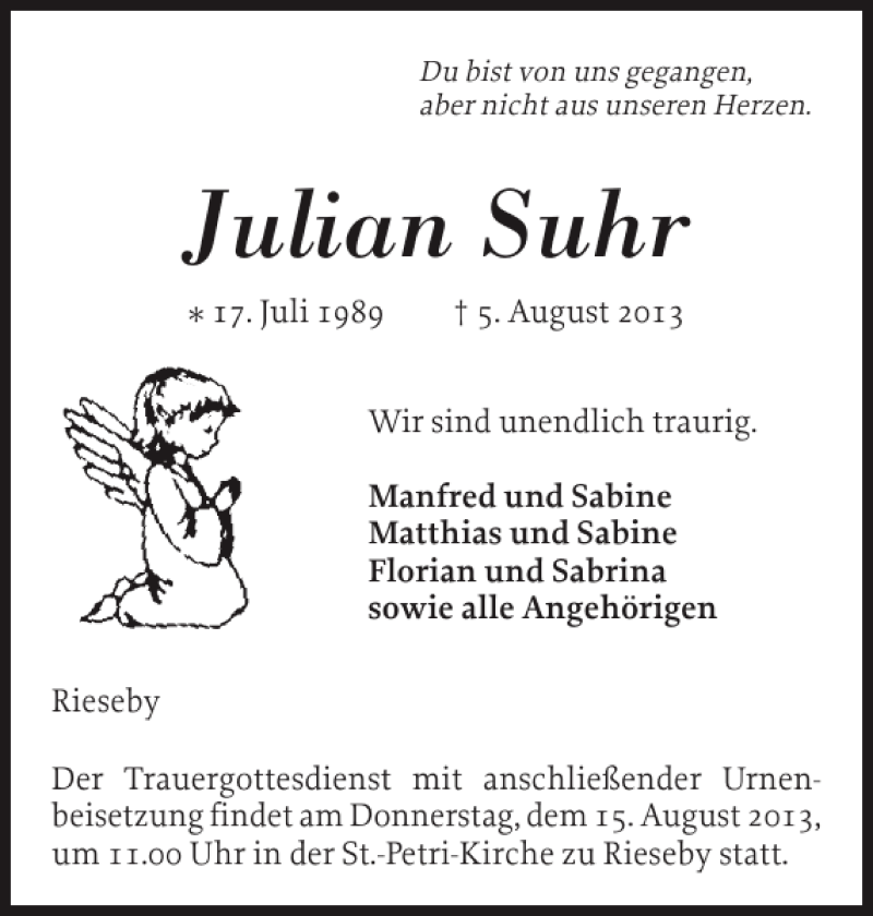  Traueranzeige für Julian Suhr vom 10.08.2013 aus Eckernförder Zeitung