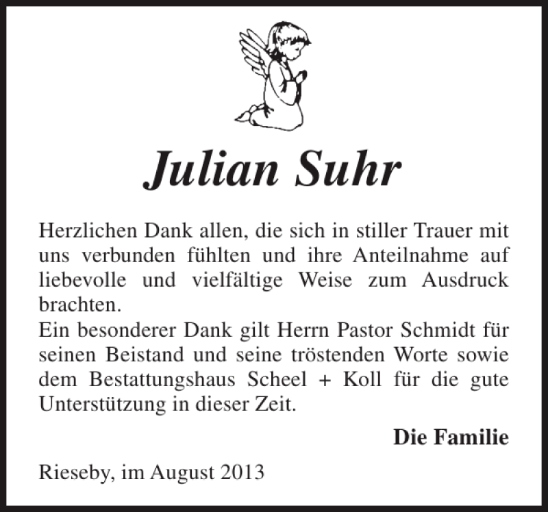  Traueranzeige für Julian Suhr vom 31.08.2013 aus Eckernförder Zeitung