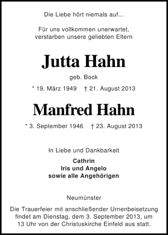  Traueranzeige für Jutta Hahn vom 30.08.2013 aus Holsteinischer Courier