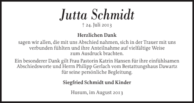  Traueranzeige für Jutta Schmidt vom 24.08.2013 aus Husumer Nachrichten