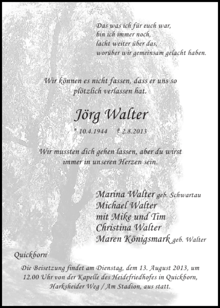  Traueranzeige für Jörg Walter vom 08.08.2013 aus Pinneberger Tageblatt