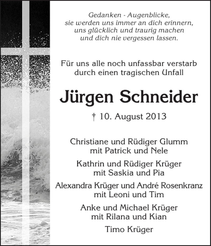  Traueranzeige für Jürgen Schneider vom 17.08.2013 aus Eckernförder Zeitung