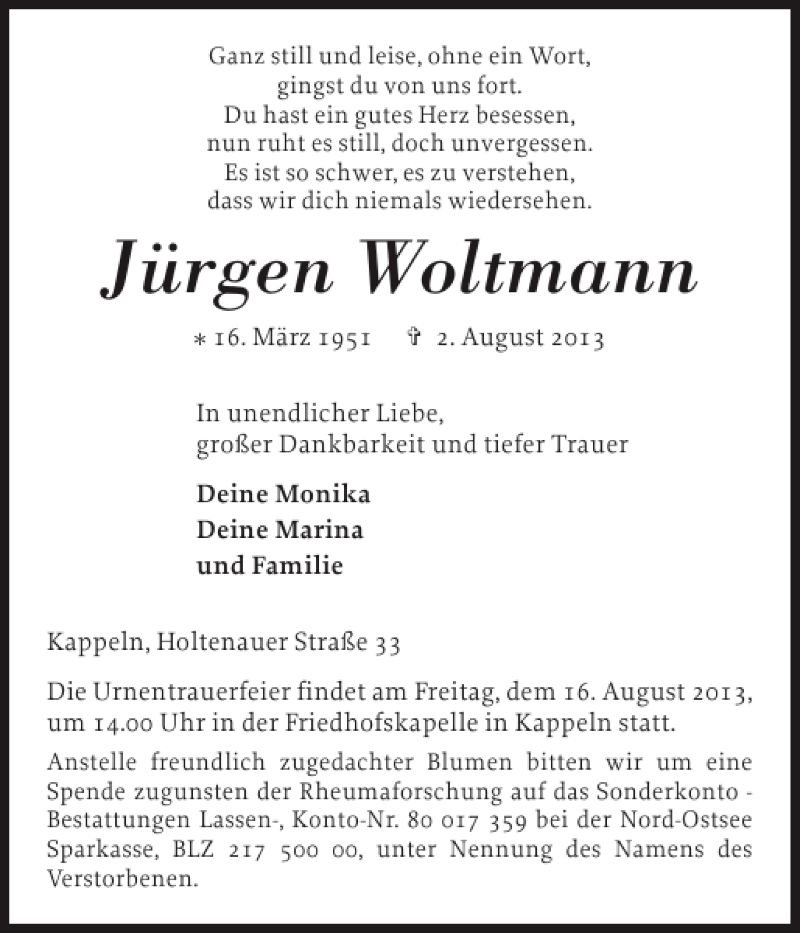  Traueranzeige für Jürgen Woltmann vom 08.08.2013 aus Schlei-Bote