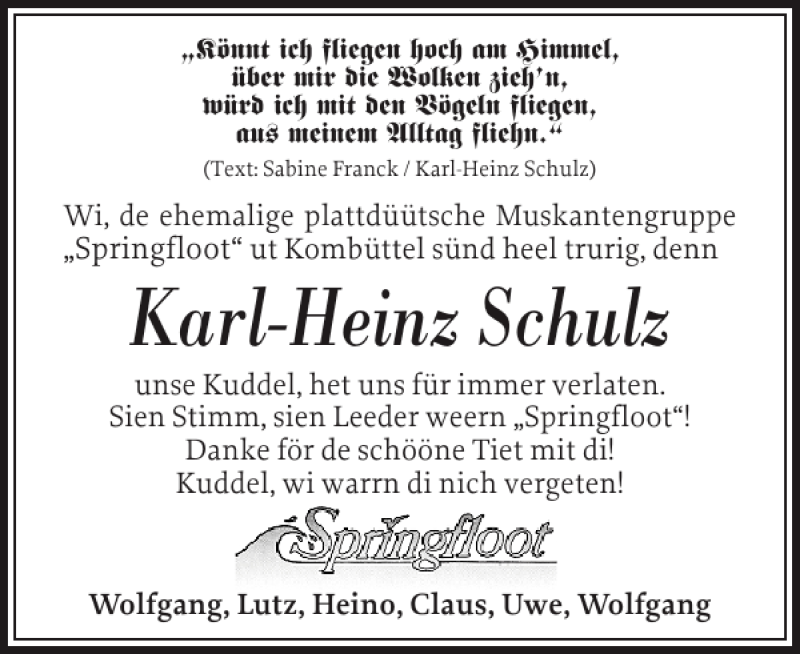  Traueranzeige für Karl-Heinz Schulz vom 14.08.2013 aus Husumer Nachrichten