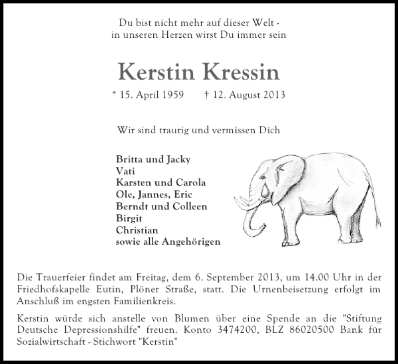  Traueranzeige für Kerstin Kressin vom 31.08.2013 aus Ostholsteiner Anzeiger