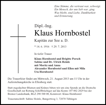 Traueranzeige von Klaus Hornbostel von Schlei-Bote