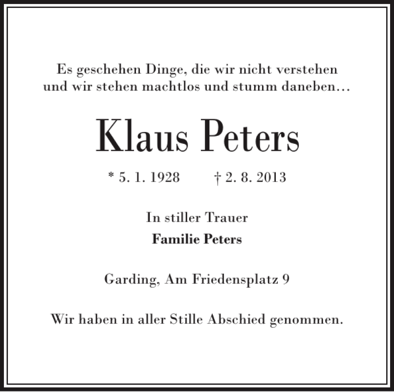  Traueranzeige für Klaus Peters vom 26.08.2013 aus Husumer Nachrichten