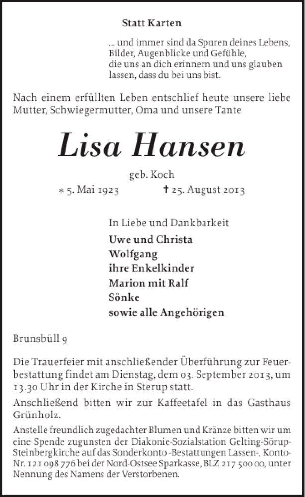  Traueranzeige für Lisa Hansen vom 28.08.2013 aus Flensburger Tageblatt