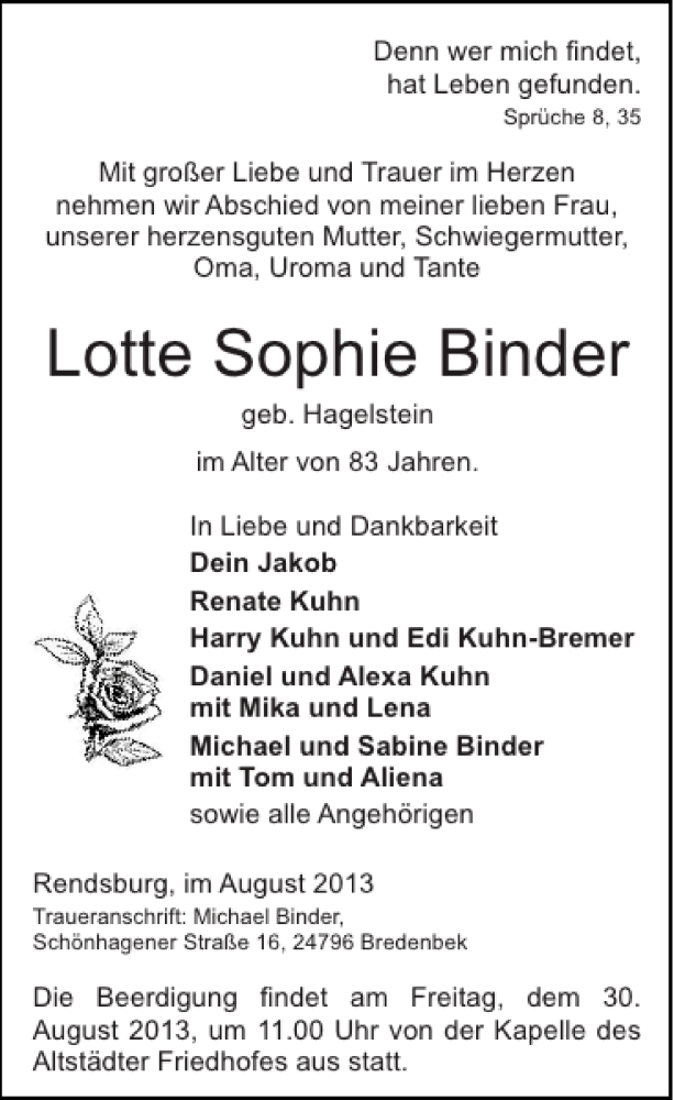 Traueranzeige für Lotte Sophie Binder vom 28.08.2013 aus Landeszeitung