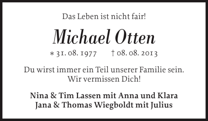  Traueranzeige für Michael Otten vom 12.08.2013 aus Flensburger Tageblatt
