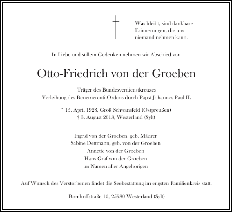  Traueranzeige für Otto-Friedrich von der Groeben vom 08.08.2013 aus Sylter Rundschau