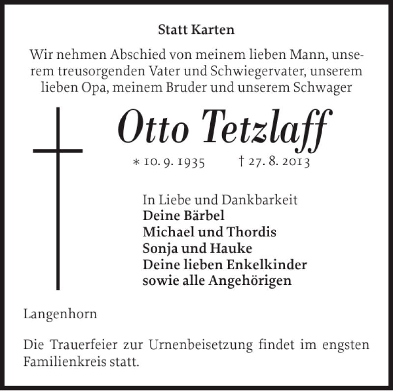  Traueranzeige für Otto Tetzlaff vom 30.08.2013 aus Husumer Nachrichten