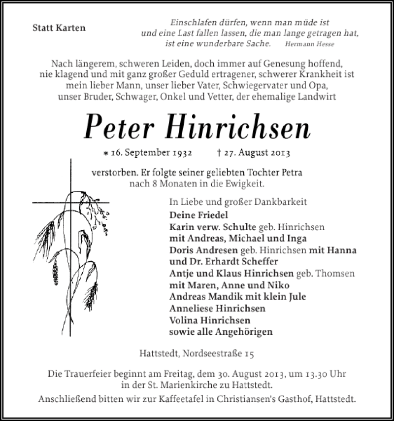  Traueranzeige für Peter Hinrichsen vom 28.08.2013 aus Husumer Nachrichten