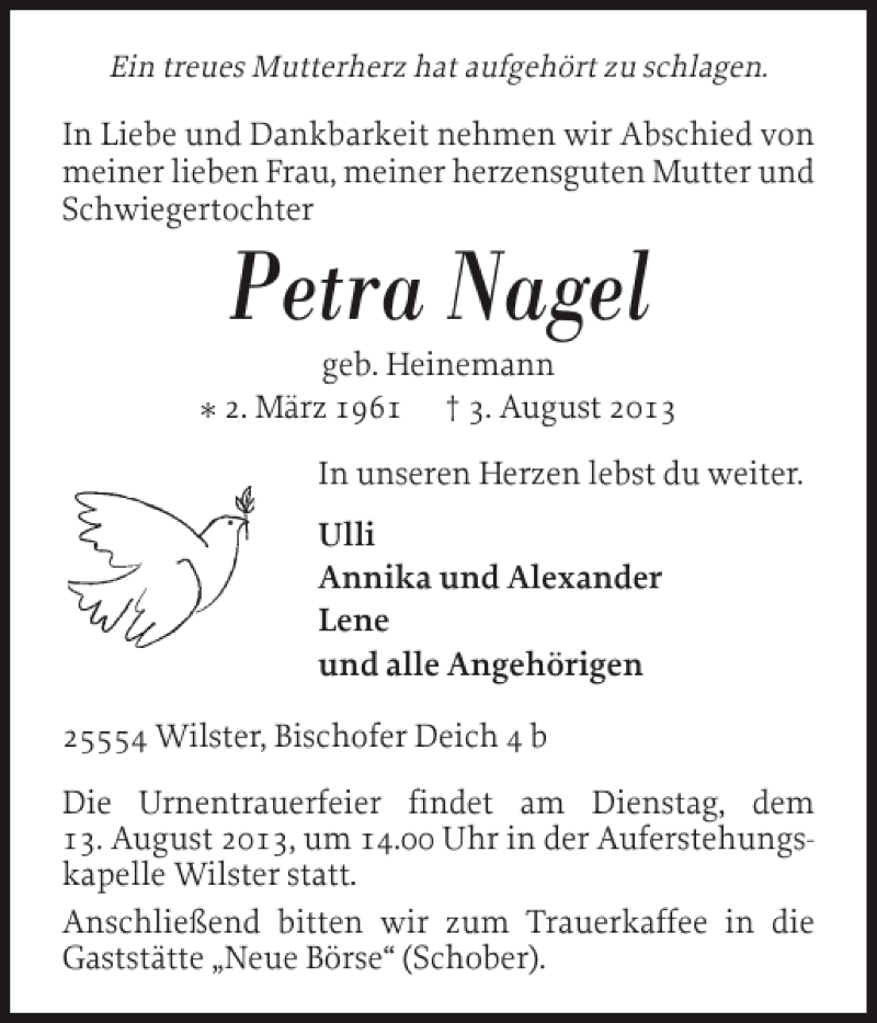  Traueranzeige für Petra Nagel vom 07.08.2013 aus Norddeutsche Rundschau