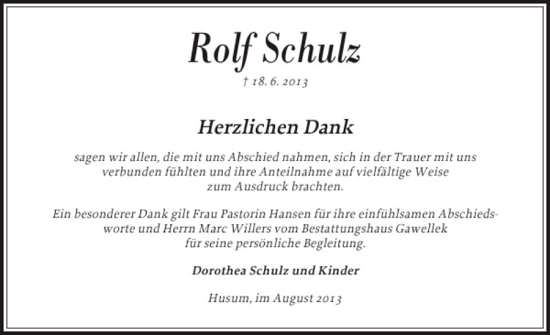  Traueranzeige für Rolf Schulz vom 03.08.2013 aus Husumer Nachrichten