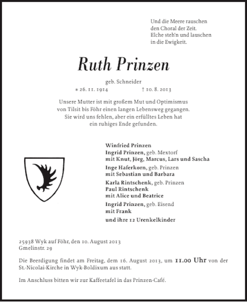  Traueranzeige für Ruth Prinzen vom 14.08.2013 aus Der Insel-Bote
