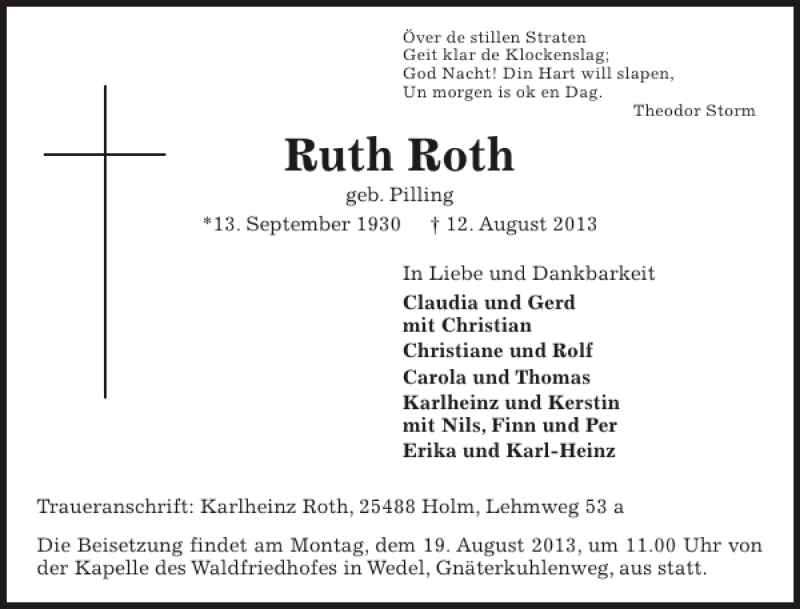  Traueranzeige für Ruth Roth vom 16.08.2013 aus Pinneberger Tageblatt