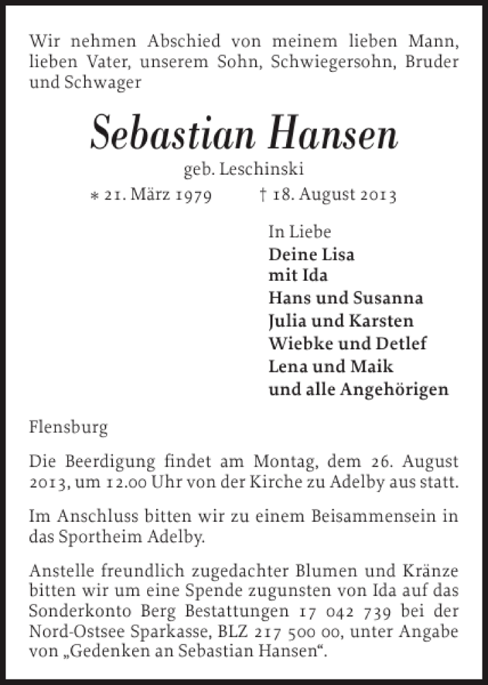  Traueranzeige für Sebastian Hansen vom 21.08.2013 aus Flensburger Tageblatt