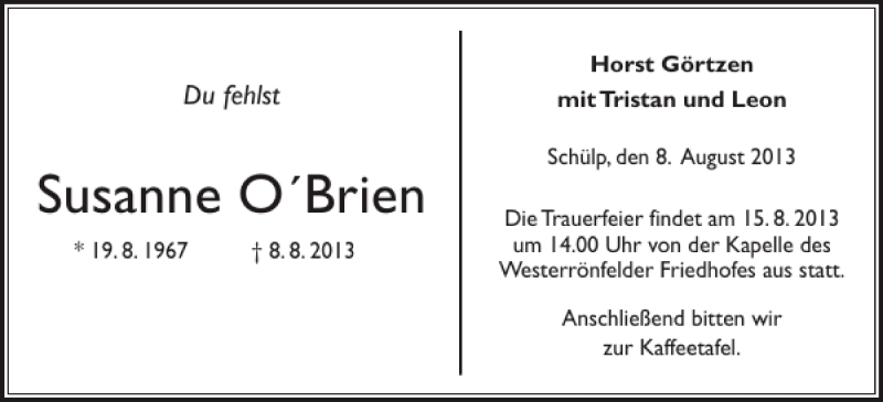  Traueranzeige für Susanne O Brien vom 10.08.2013 aus Landeszeitung