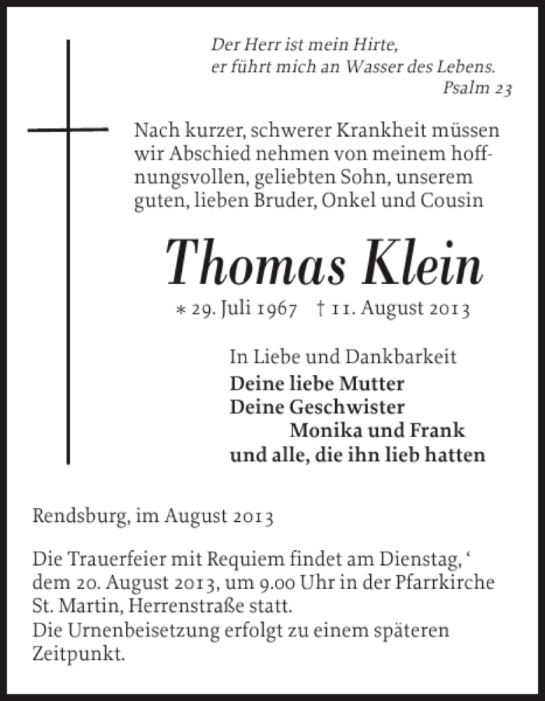  Traueranzeige für Thomas Klein vom 16.08.2013 aus Landeszeitung