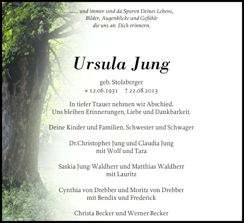  Traueranzeige für Ursula Jung vom 31.08.2013 aus Sylter Rundschau