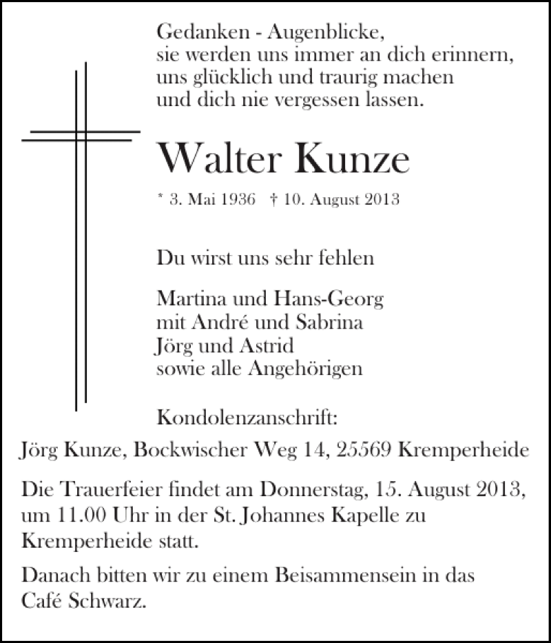 Traueranzeige für Walter Kunze vom 14.08.2013 aus Norddeutsche Rundschau