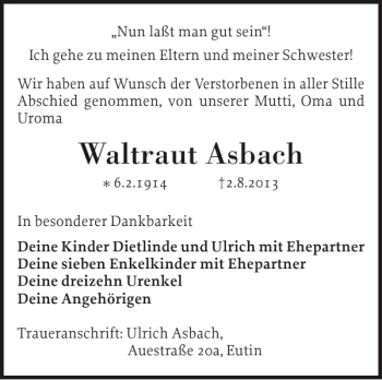 Traueranzeige von Waltraut Asbach von Ostholsteiner Anzeiger